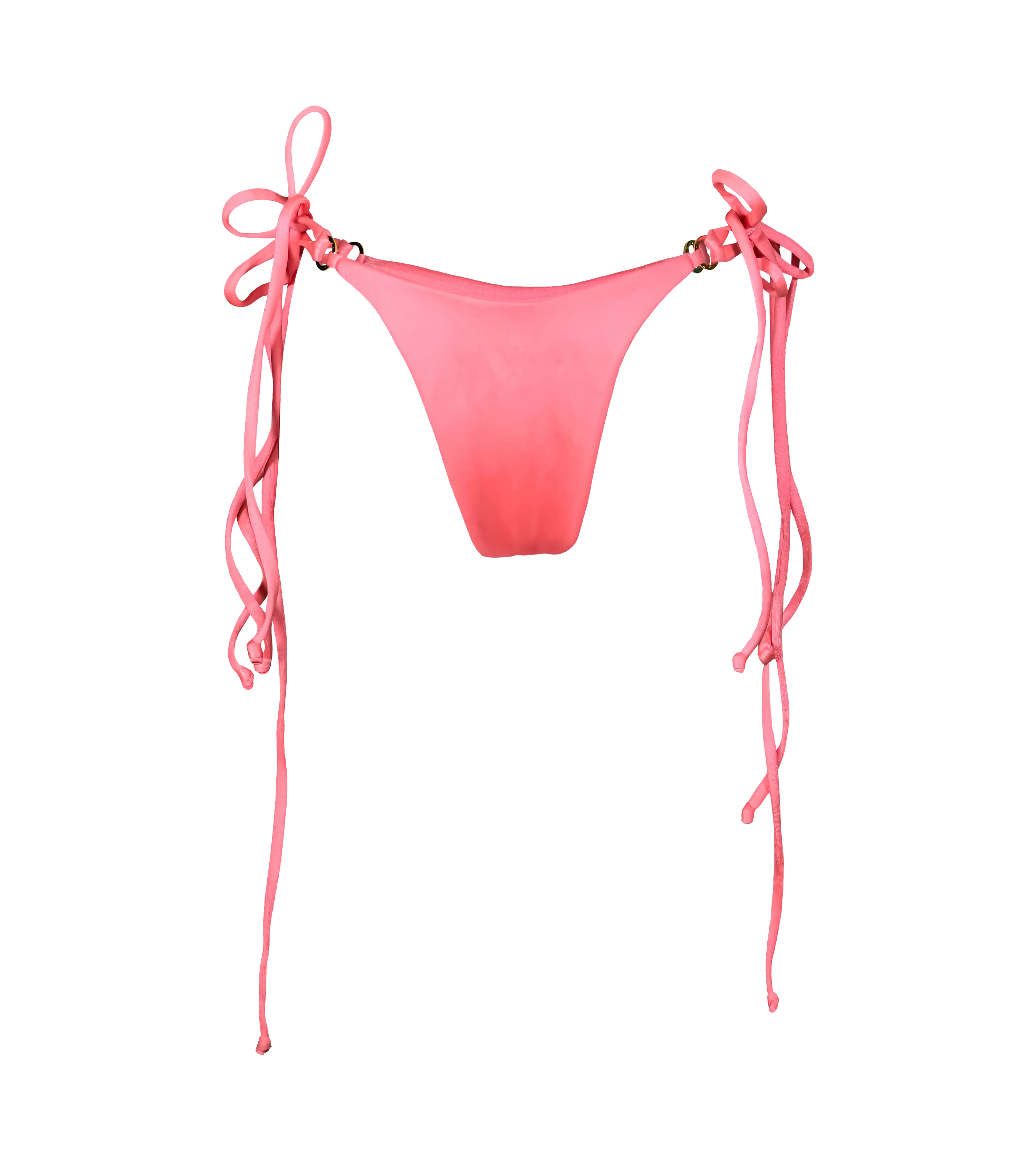A bright flamenco colored swimwear bottoms with double string ties on each side and gold branded hardware rings. The bikini bottoms are made from a shiny fabric.