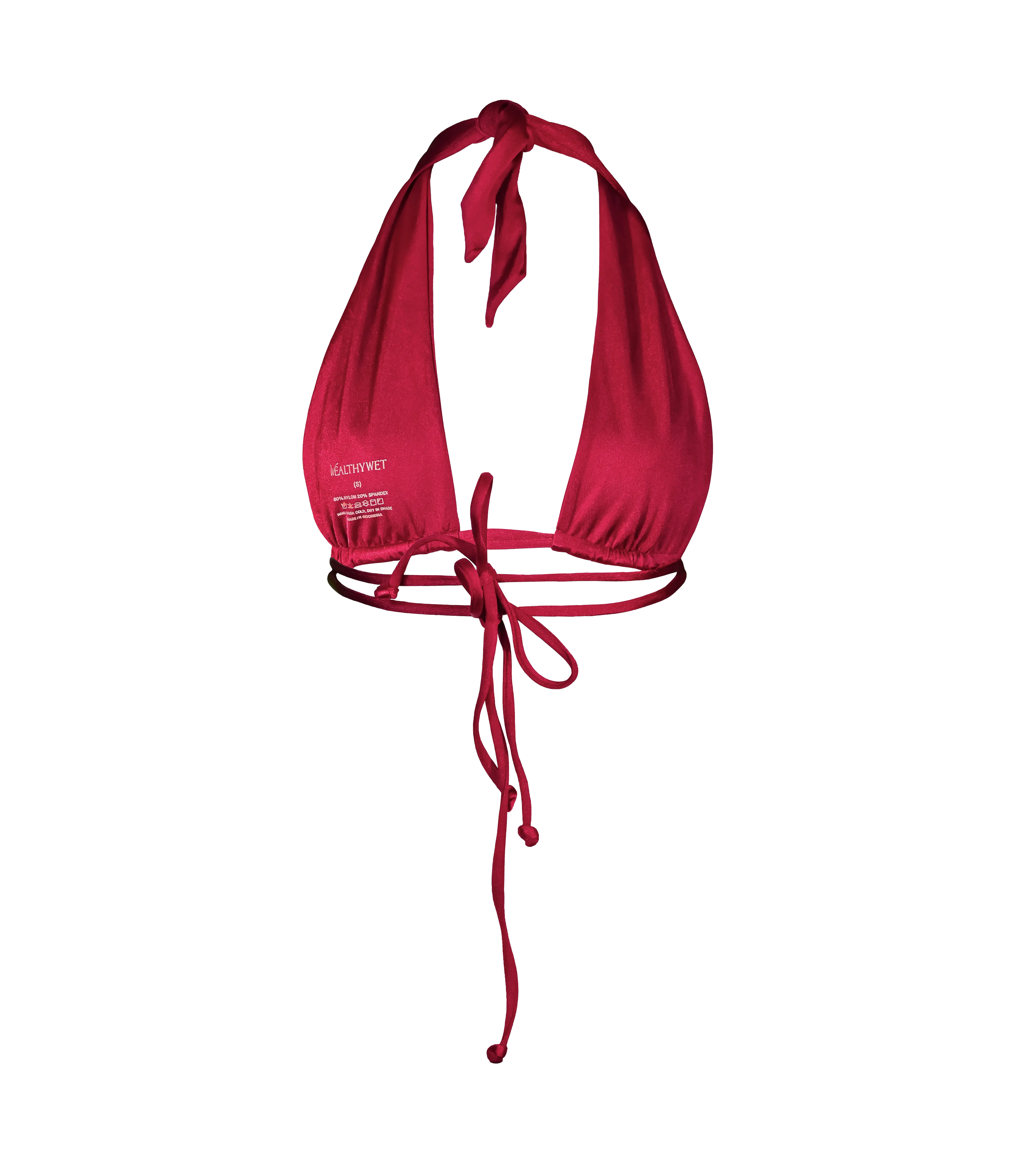 The back of a rich bordeaux halter bikini top with a deep neckline, adjustable tie at the neck and double string ties on the back. The swimwear top has the branded Wealthywet heat press on the inside.