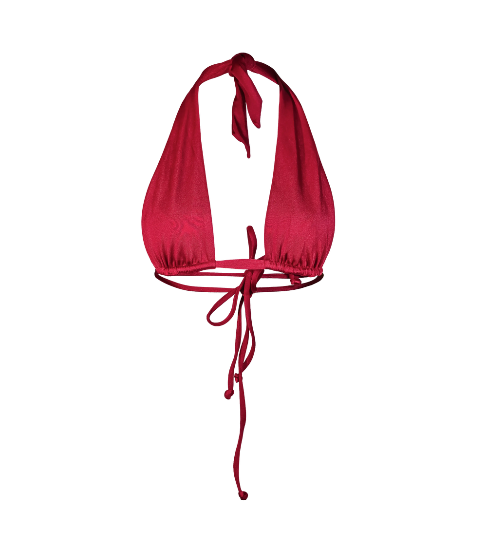 A rich bordeaux halter bikini top with a deep neckline, adjustable tie at the neck and double string ties on the back. The swimwear top made form shiny fabric.