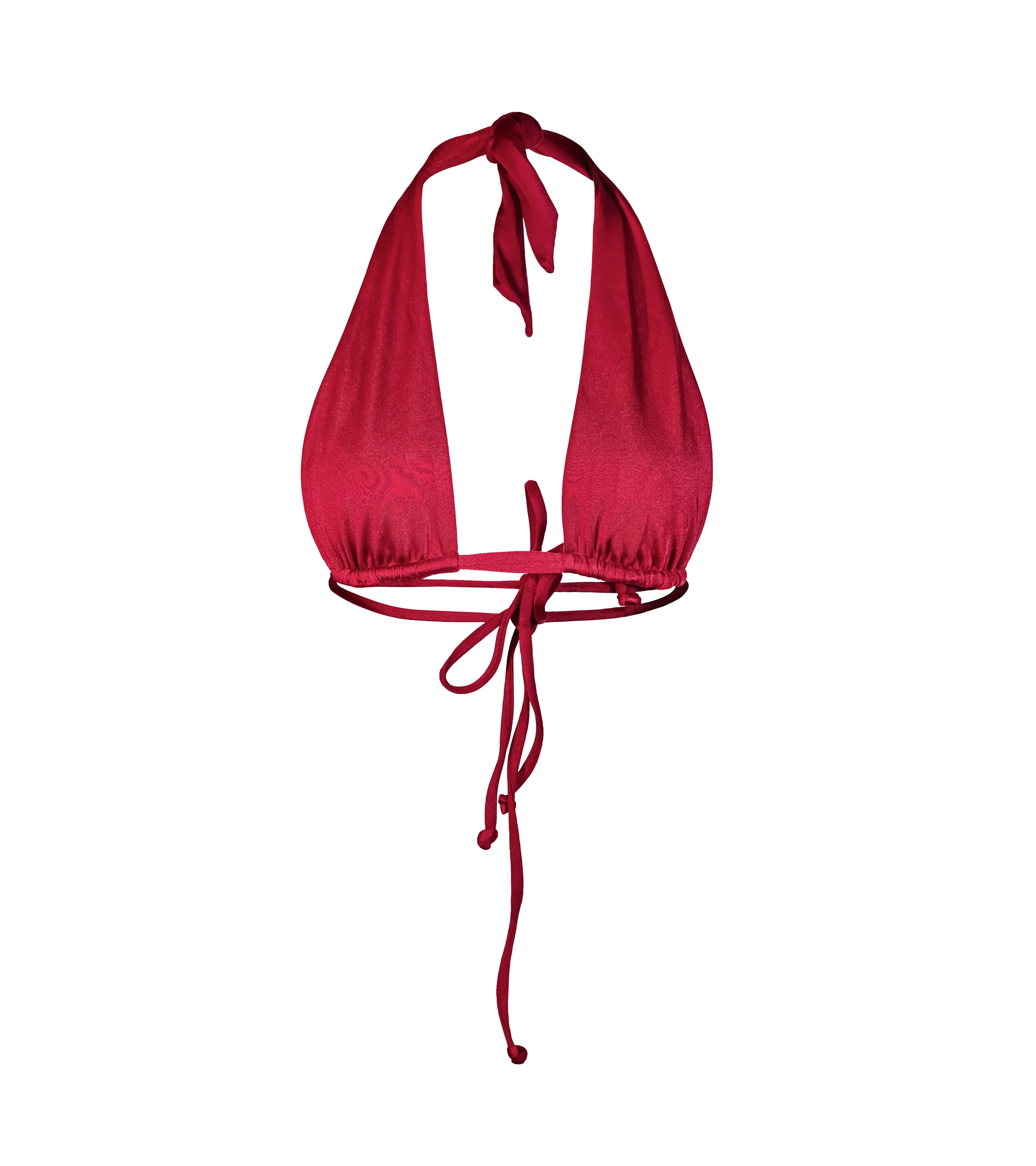 A rich bordeaux halter bikini top with a deep neckline, adjustable tie at the neck and double string ties on the back. The swimwear top made form shiny fabric.