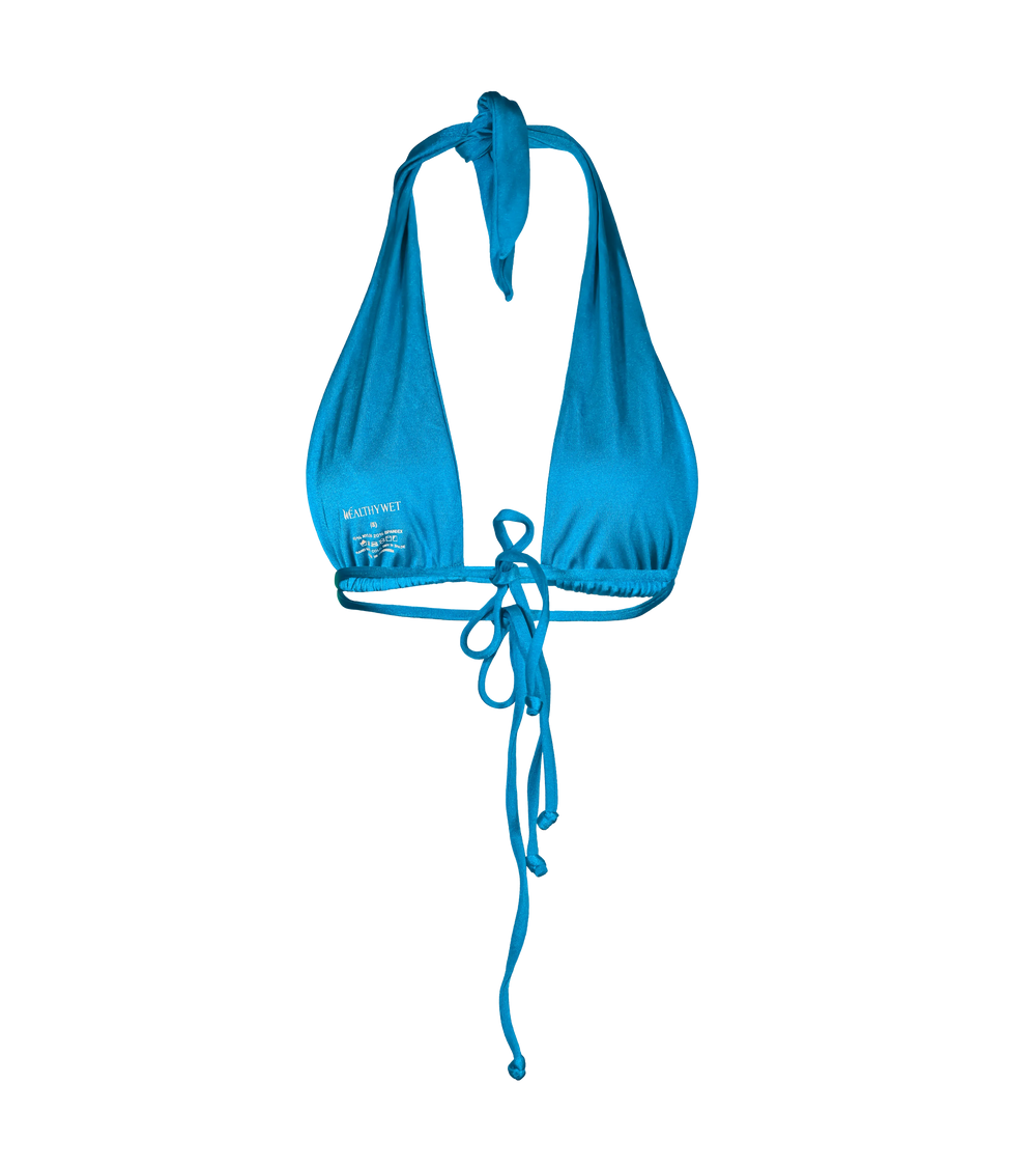 The back of a vibrant blue halter bikini top with a plunging neckline, adjustable ties at the neck and double ties in the back and a heat press branding on the inside.