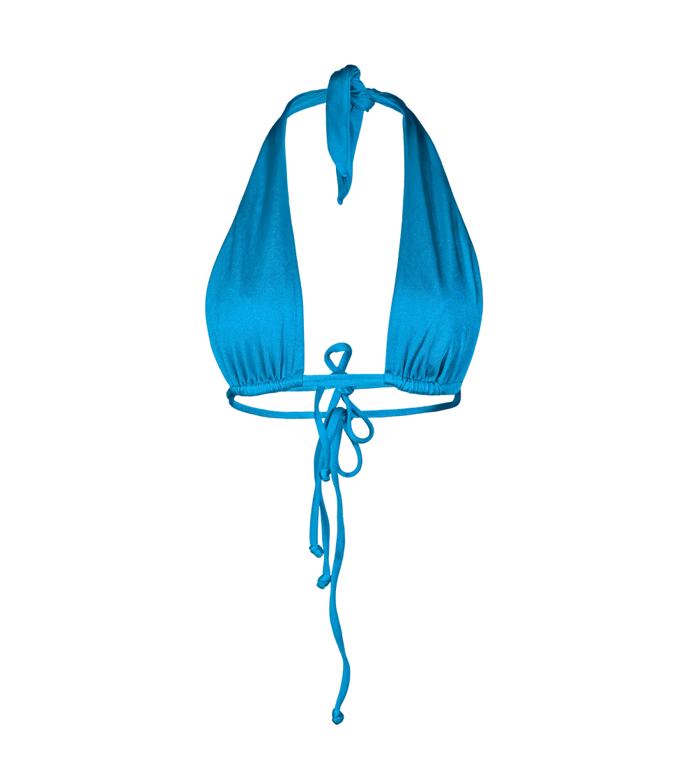 A vibrant blue halter bikini top with a plunging neckline, adjustable ties at the neck and double ties in the back.