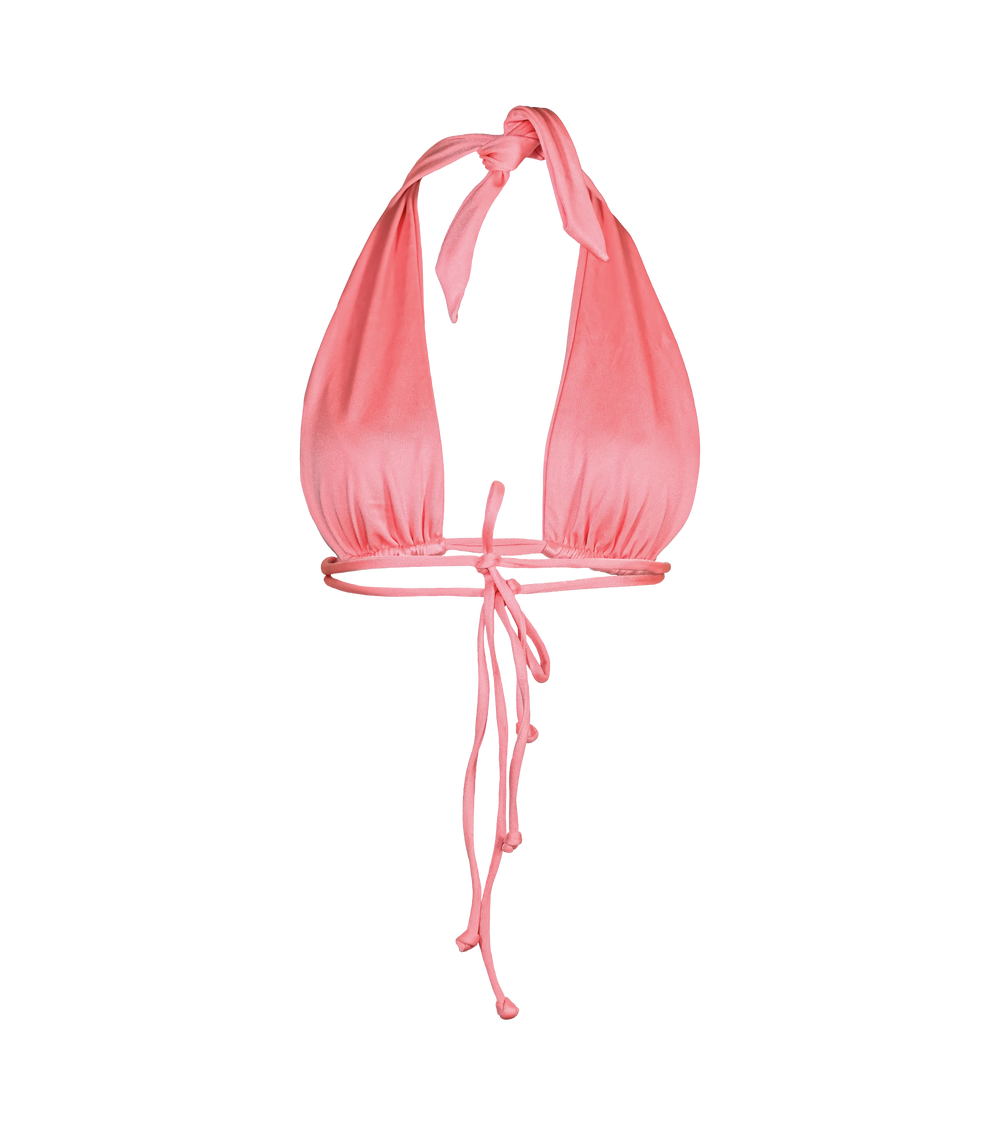 The back of a vibrant flamenco pink halter bikini top with a plunging neckline and adjustable ties at the neck and double ties in the  back. The swimwear top is made from a shiny fabric.