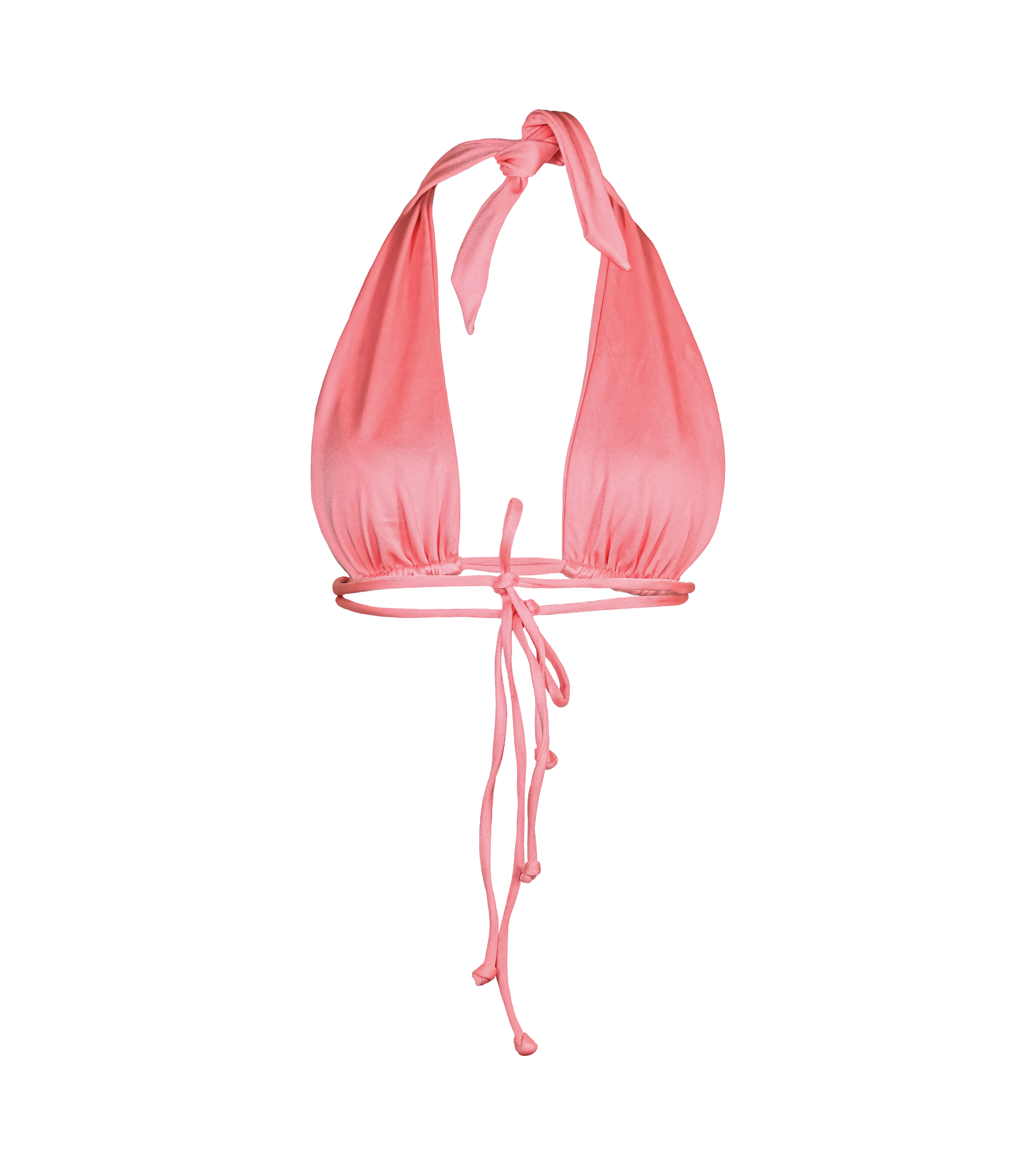 The back of a vibrant flamenco pink halter bikini top with a plunging neckline and adjustable ties at the neck and double ties in the  back. The swimwear top is made from a shiny fabric.