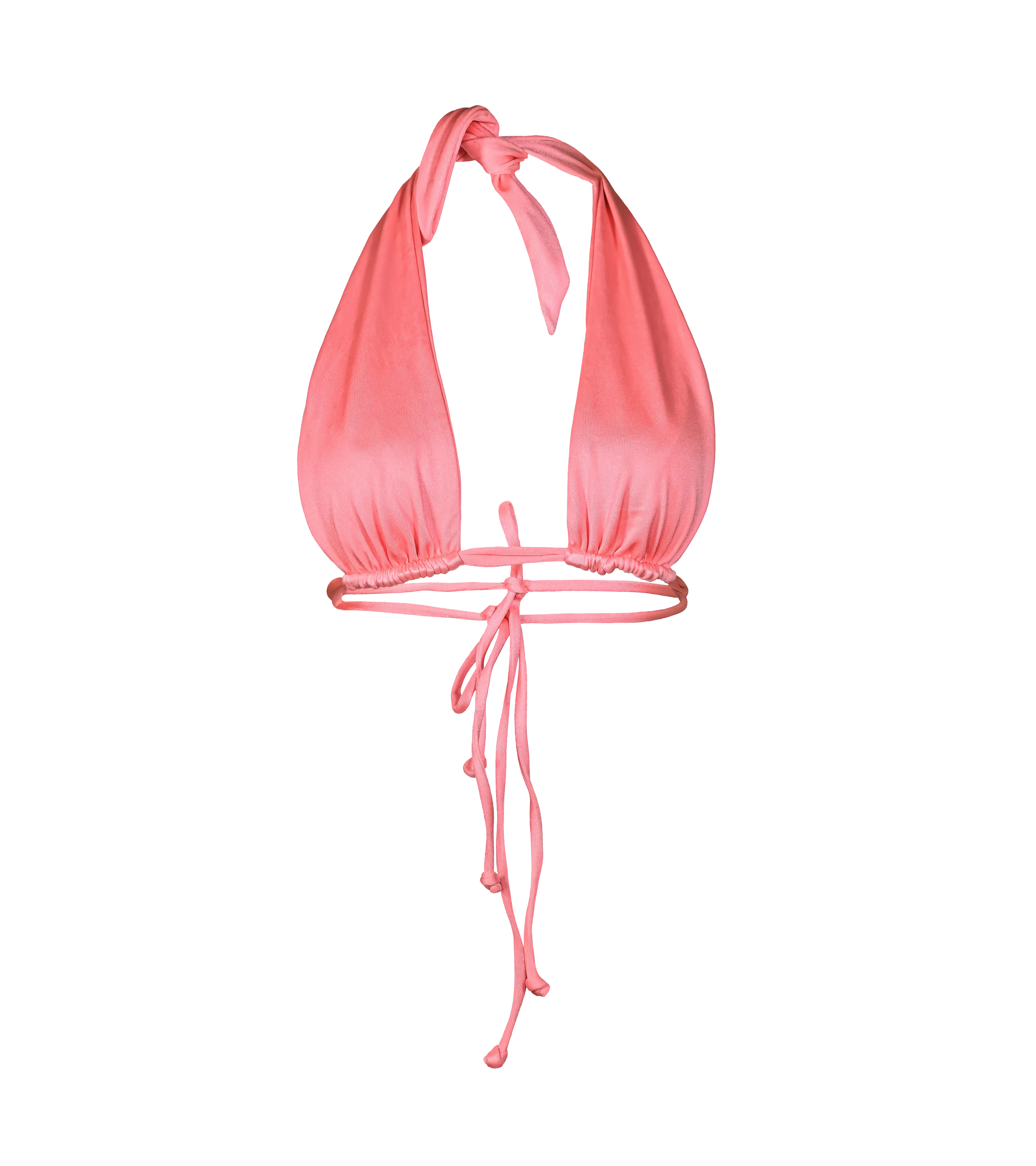 A vibrant flamenco pink halter bikini top with a plunging neckline and adjustable ties at the neck and double ties in the  back. The swimwear top is made from a shiny fabric.