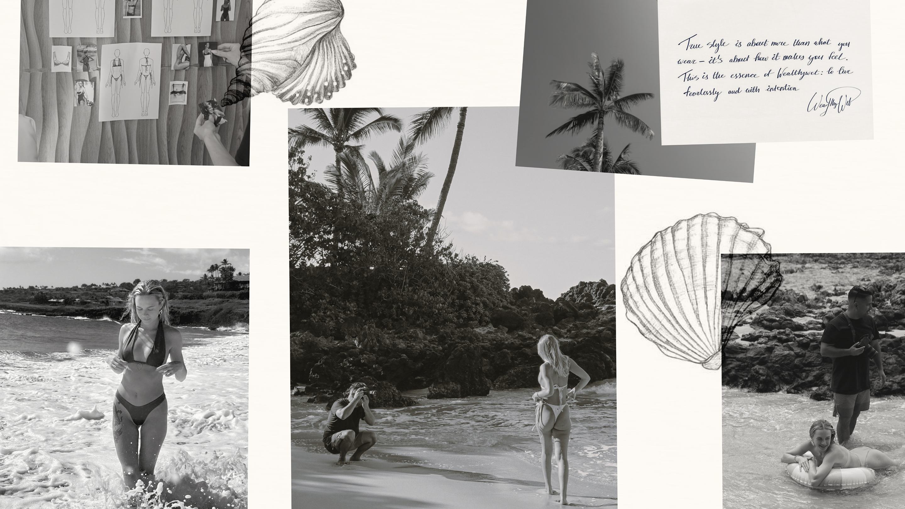 A beautiful collage of Wealthywet brand's mood board. It has black and white photos of palm trees, design process, models wearing swimwear and a photographer on coastal destinations campaign set. The moodboard has a handwritten letter from a brand and handdrawn seashells.