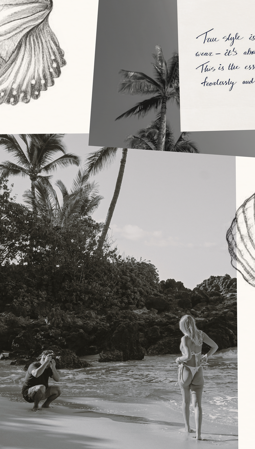 A beautiful collage of Wealthywet brand's mood board. It has black and white photos of palm trees, design process, models wearing swimwear and a photographer on coastal destinations campaign set. The moodboard has a handwritten letter from a brand and handdrawn seashells.