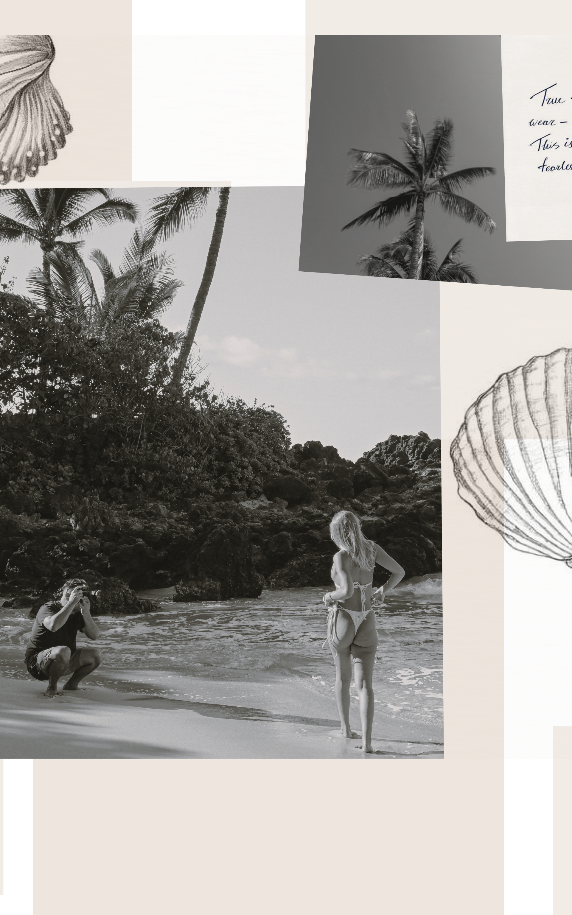A beautiful collage of Wealthywet brand's mood board. It has black and white photos of palm trees, design process, models wearing swimwear and a photographer on coastal destinations campaign set. The moodboard has a handwritten letter from a brand and handdrawn seashells.