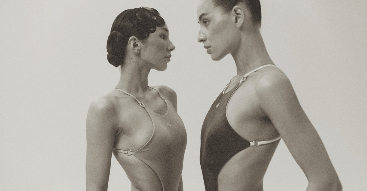 Models wearing a color pair of the Wealthywet 1925 swimsuits