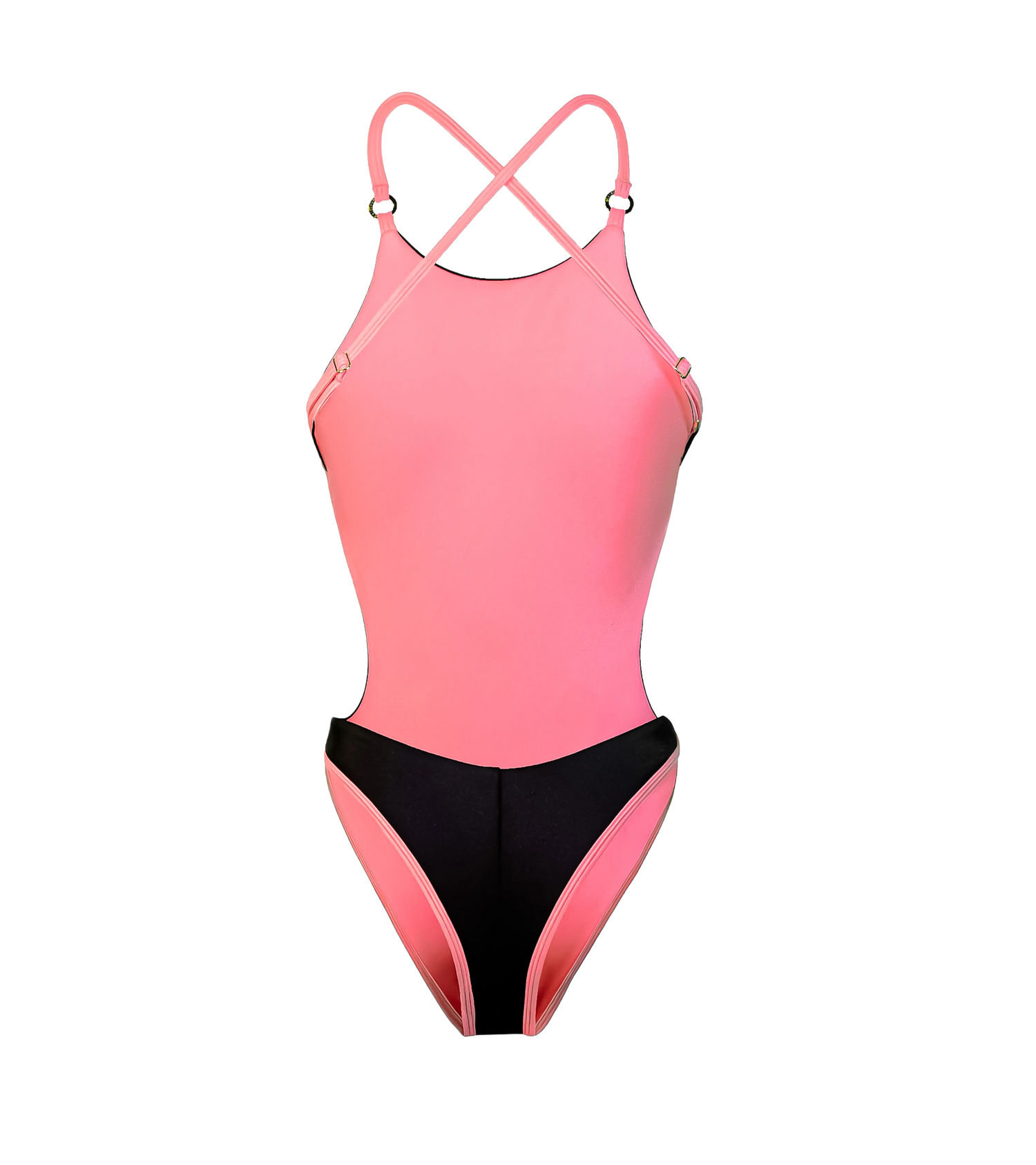 Back of the one-piece swimsuit in dark grey color with soft pink lining and straps. Features a cross-back strap design with gold hardware and open back.