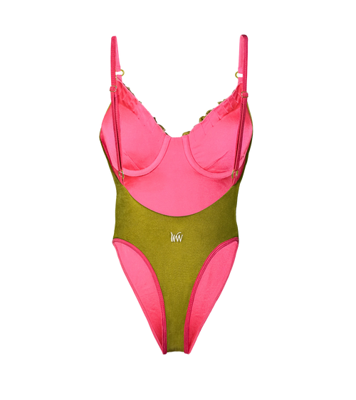 A olive green one-piece swimsuit with bright pink lining and straps. The  adjustable straps of swimwear have gold hardware.The swimsuit has a high-cut leg design  and a WW white logo on lower back.