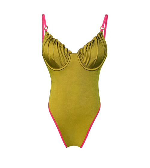 A one-piece swimsuit in an absinthe green color with pink adjustable straps and trim. The bikini has ruched detailing on the underwire cups, and a high-cut leg design with gold Wealthywet hardware.