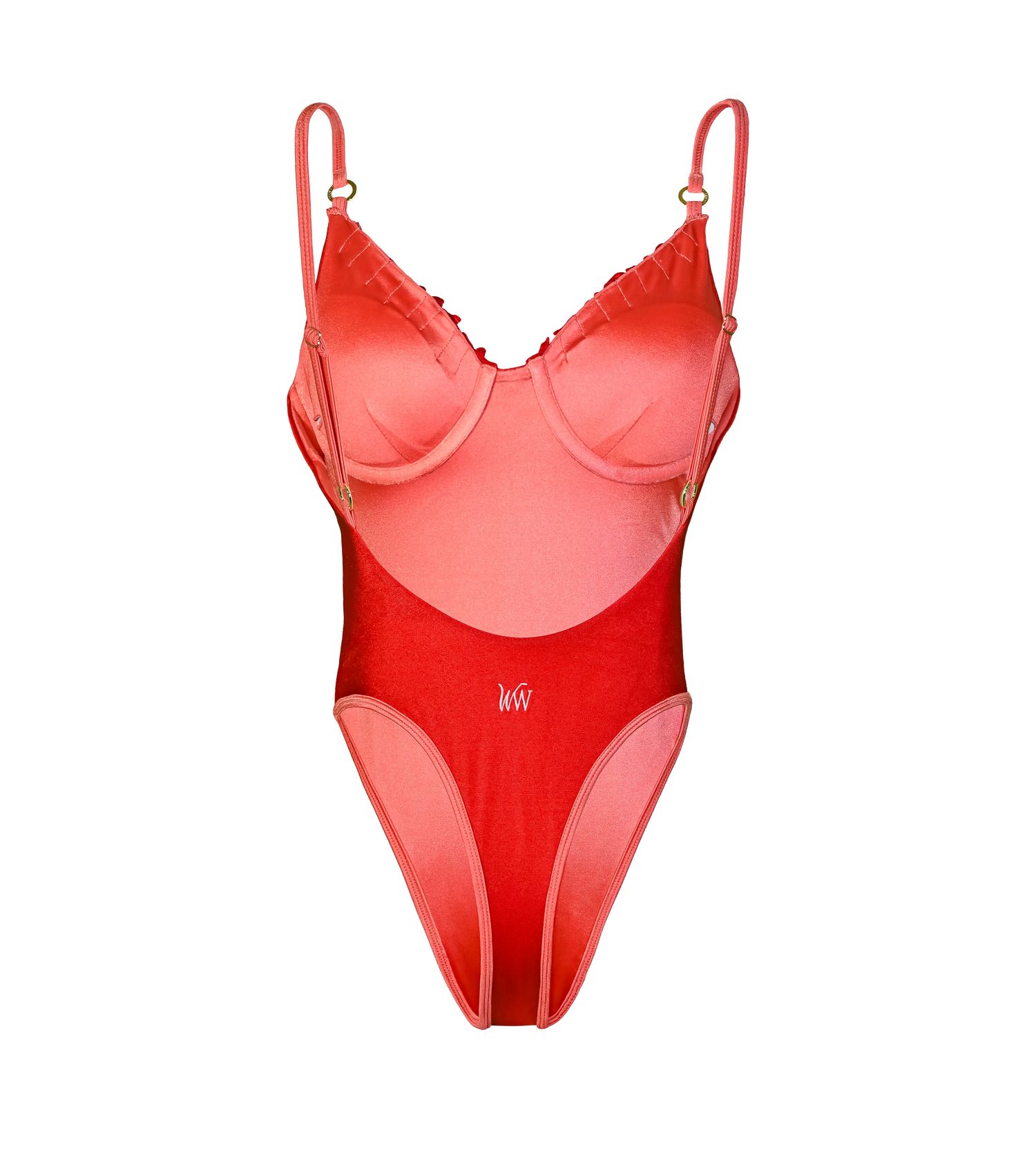 Elegant red one-piece swimsuit from the back. WW logo in the middle, adjustable straps with gold hardware, and a high-cut leg design. The bikini has pink lining and straps.