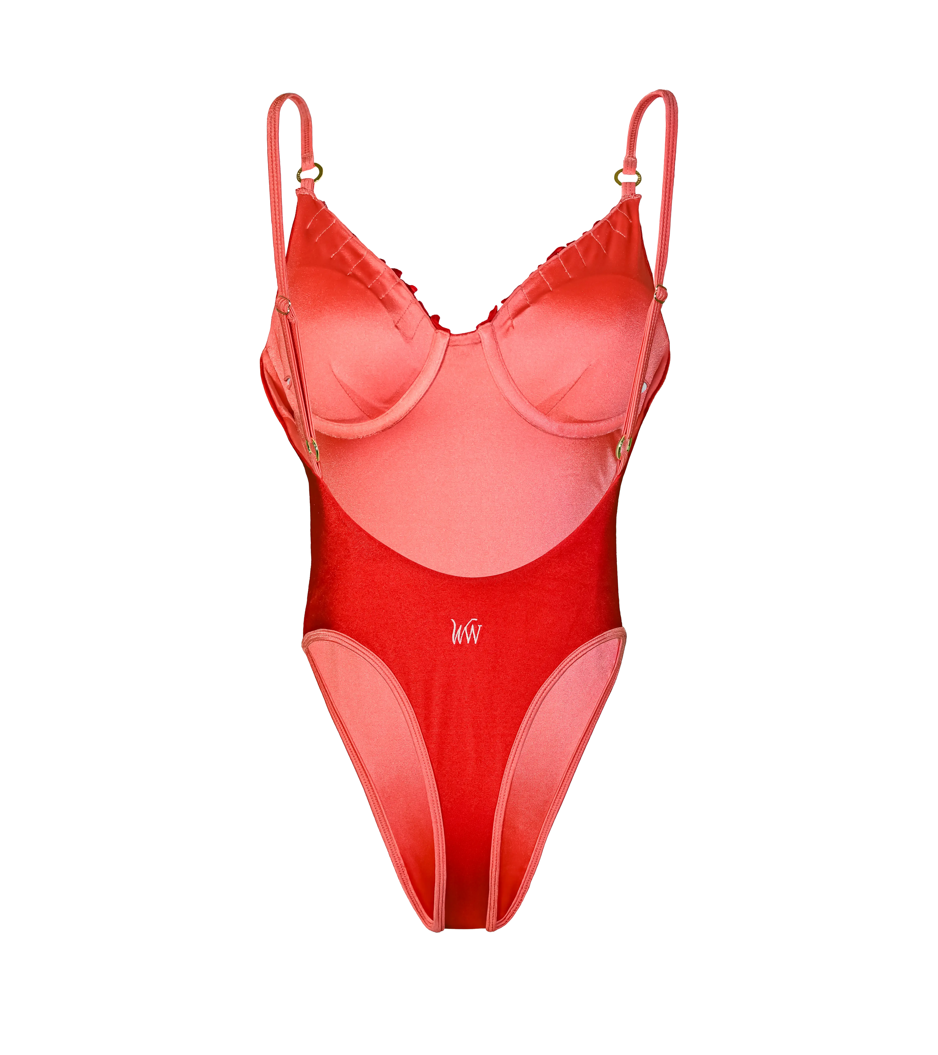 Elegant red one-piece swimsuit from the back. WW logo in the middle, adjustable straps with gold hardware, and a high-cut leg design. The bikini has pink lining and straps.
