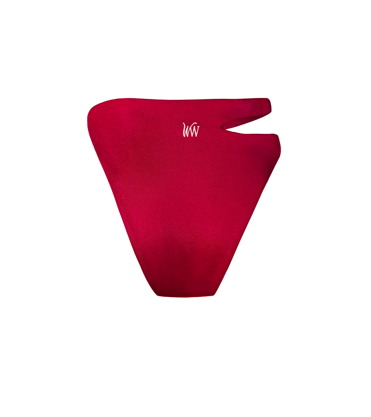 An asymmetric high waisted bright bordeaux swimwear bottoms with white WW logo on it. Back view.