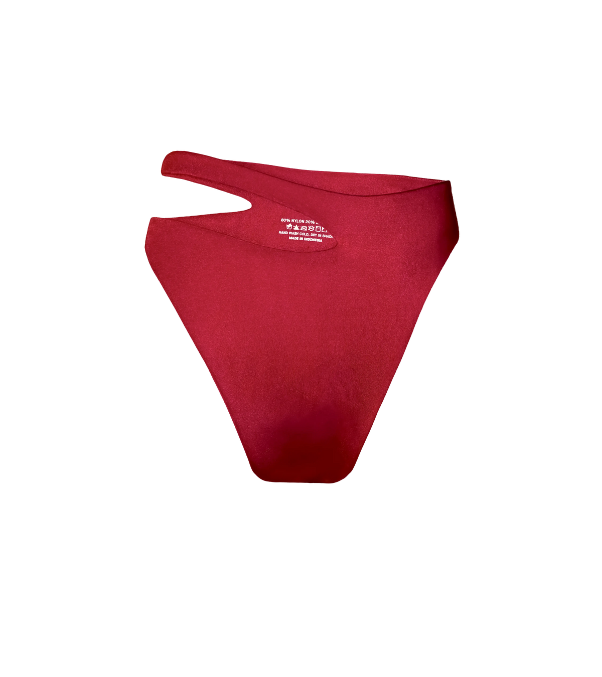 An asymmetric high waisted bordeaux  swimwear bottom. 