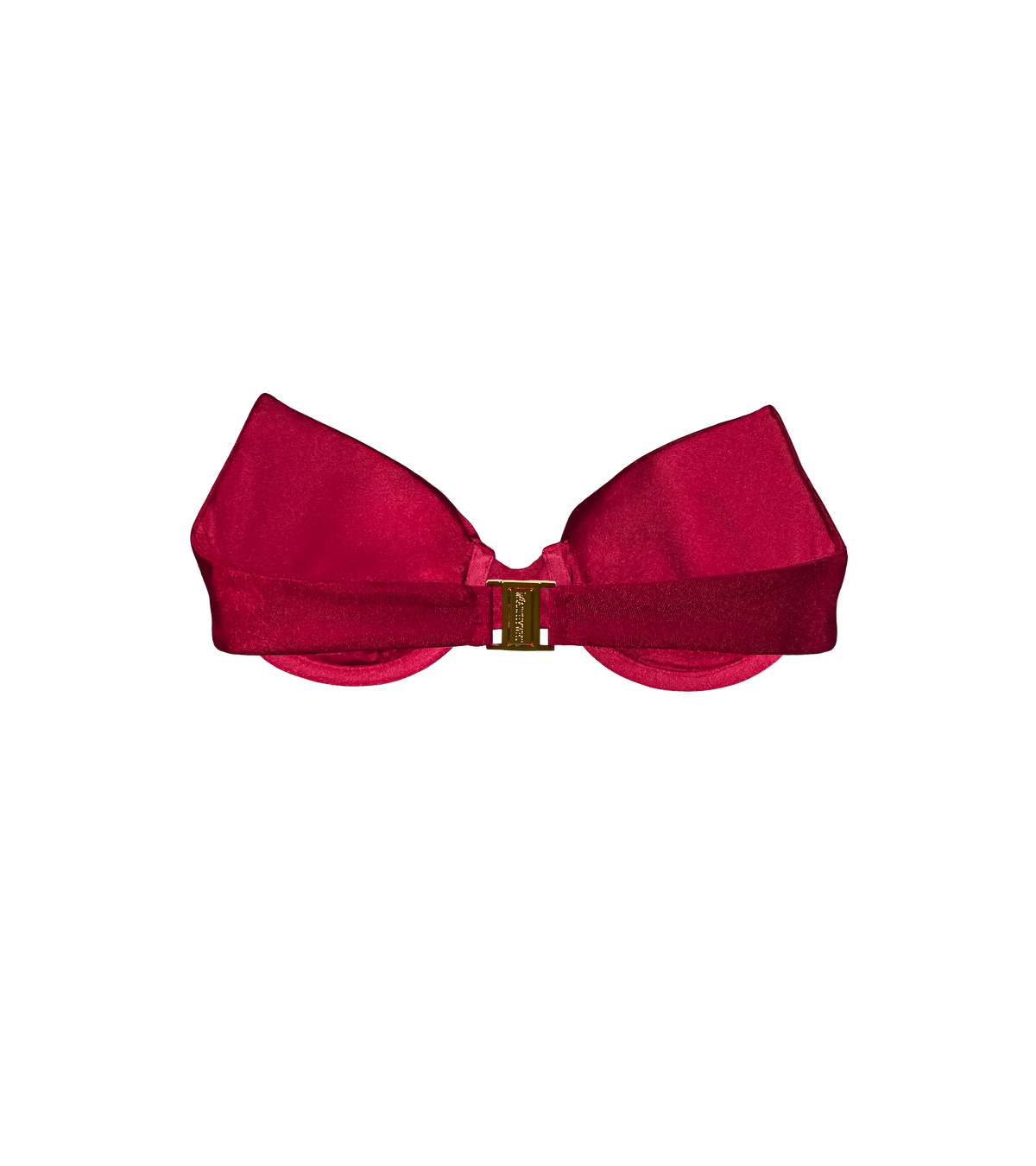 A bordeaux top swimwear top from the back. Swimwear has a gold branded Wealthywet clasp.