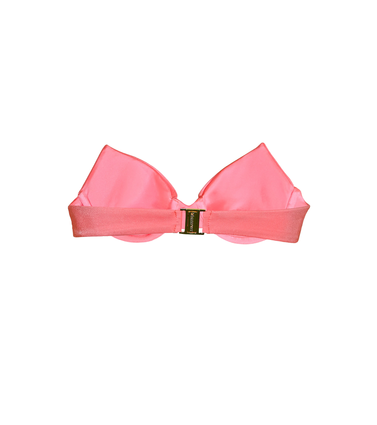 A structured bandeau top from the back. The swimwear top is in orange-pink bright color and has a gold branded Wealthywet clasp.