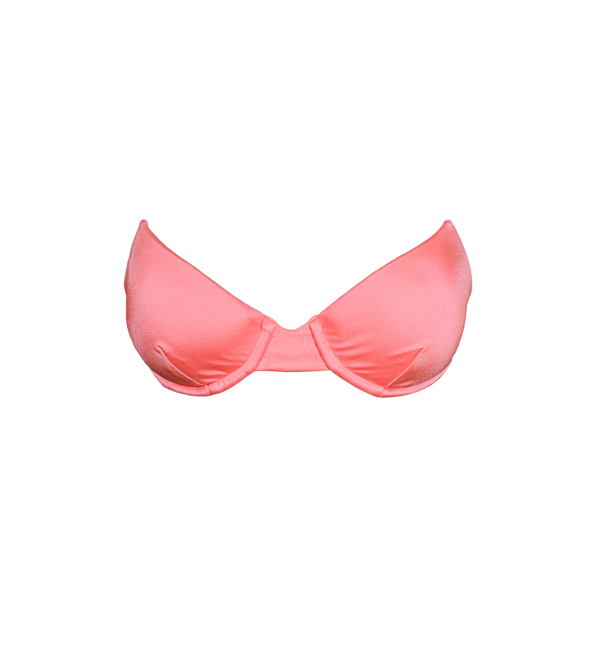 A structured underwire bandeau swimwear top in bright pink-orange color.
