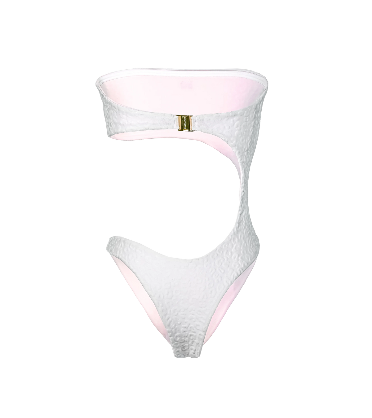 A back of white cut-out one-piece swimsuit with a textured leopard pattern and baby pink interior lining. The bandeau top connects to the bottom with a curved cutout. The bikini has a gold Wealthywet branded clasp at the back.