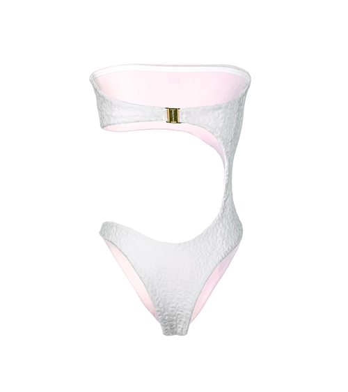 A back of white cut-out one-piece swimsuit with a textured leopard pattern and baby pink interior lining. The bandeau top connects to the bottom with a curved cutout. The bikini has a gold Wealthywet branded clasp at the back.
