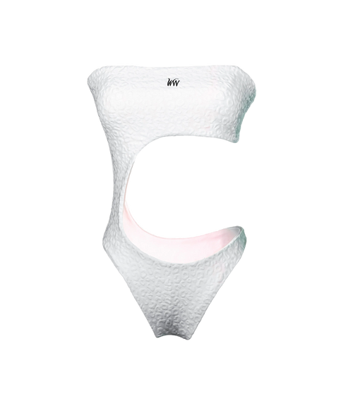 A white cut-out one-piece swimsuit with a textured leopard pattern. The bikini  has a bandeau-style design with curved cutout The interior lining is a soft pink hue, adding a subtle contrast to the design on the stomach and black WW logo on the chest.