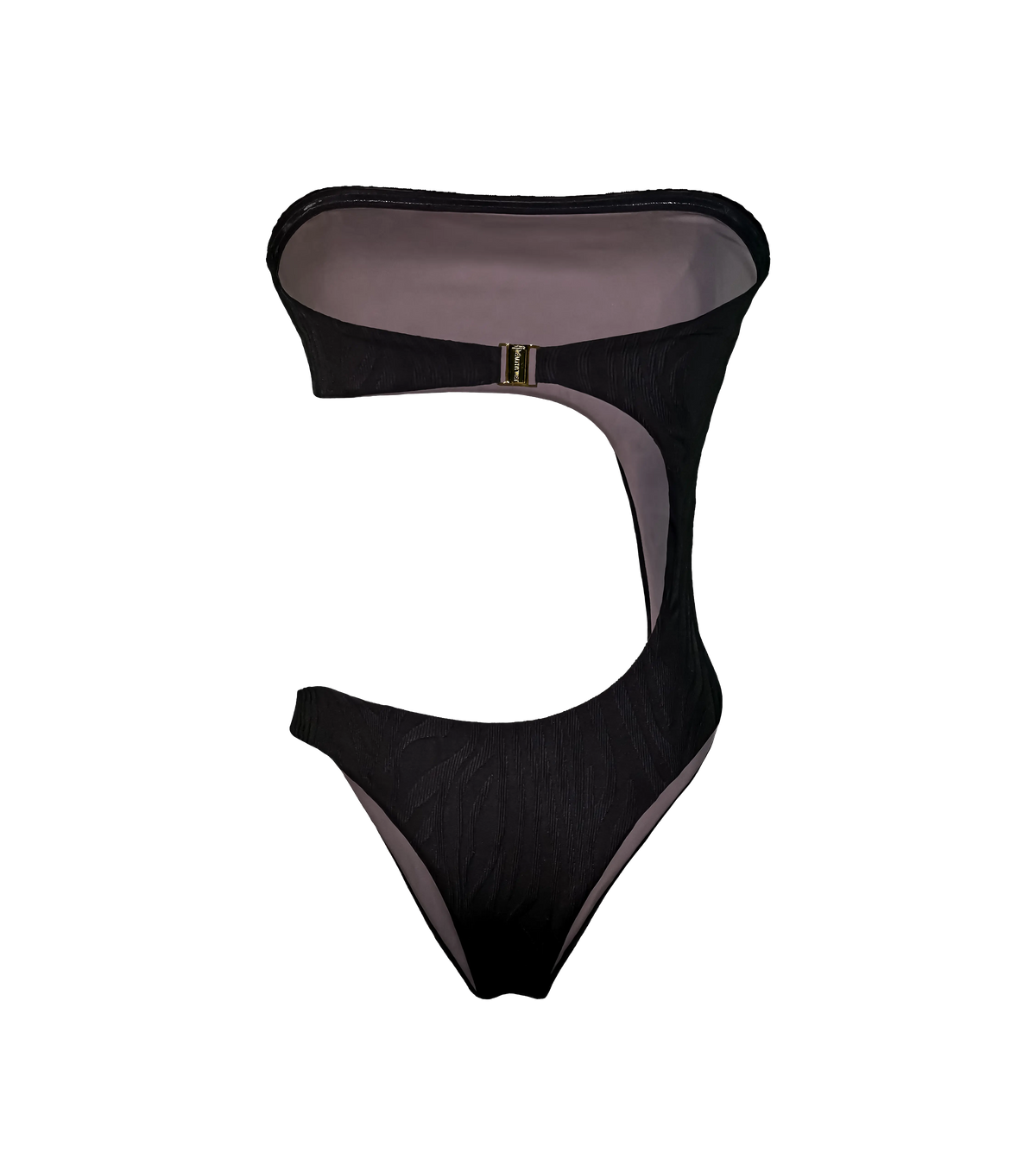 A black one-piece zebra textured swimsuit with a asymmetrical cutout design.The back has a gold Wealthywet branded clasp and soft brown lining.