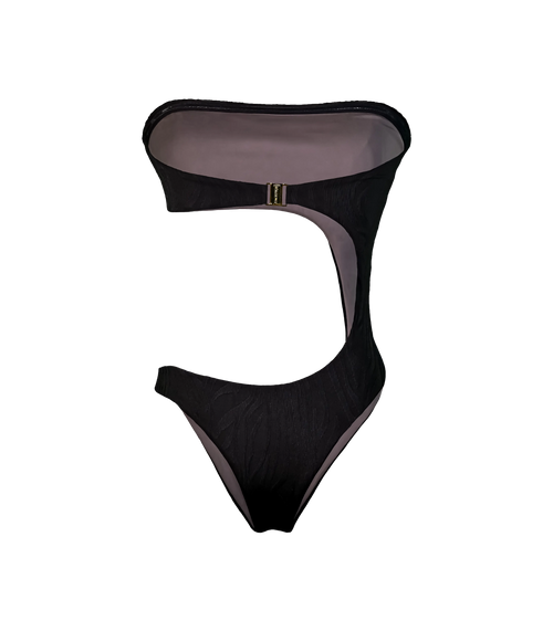 A black one-piece zebra textured swimsuit with a asymmetrical cutout design.The back has a gold Wealthywet branded clasp and soft brown lining.
