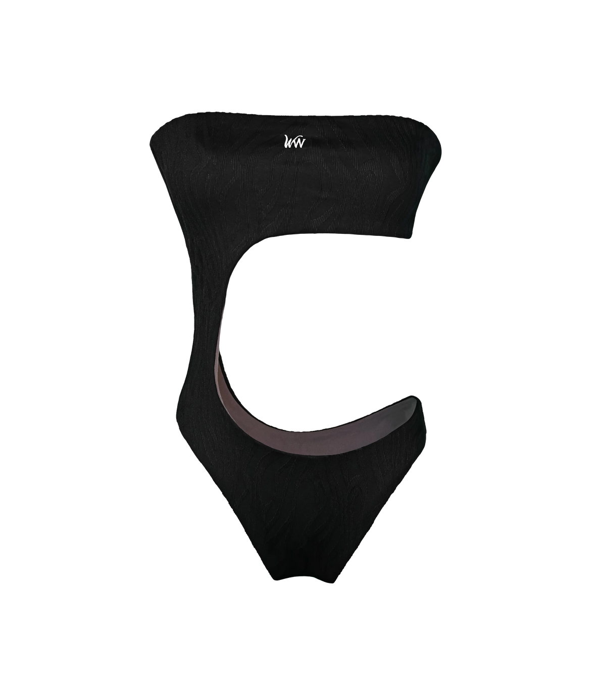 A black asymmetrical one-piece swimsuit. The bikini has  bandeau-style design  with with a white WW logo on the chest. The swimsuit fabric has a zebra textured pattern.