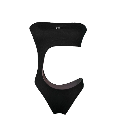A black asymmetrical one-piece swimsuit. The bikini has  bandeau-style design  with with a white WW logo on the chest. The swimsuit fabric has a zebra textured pattern.