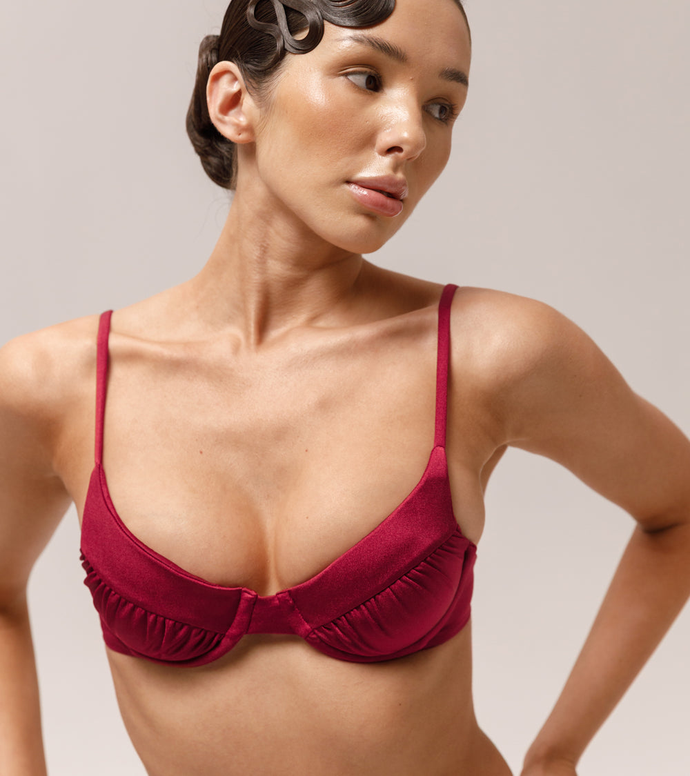 Front view of the Wealthywet 1985 swimwear top in Bordeaux