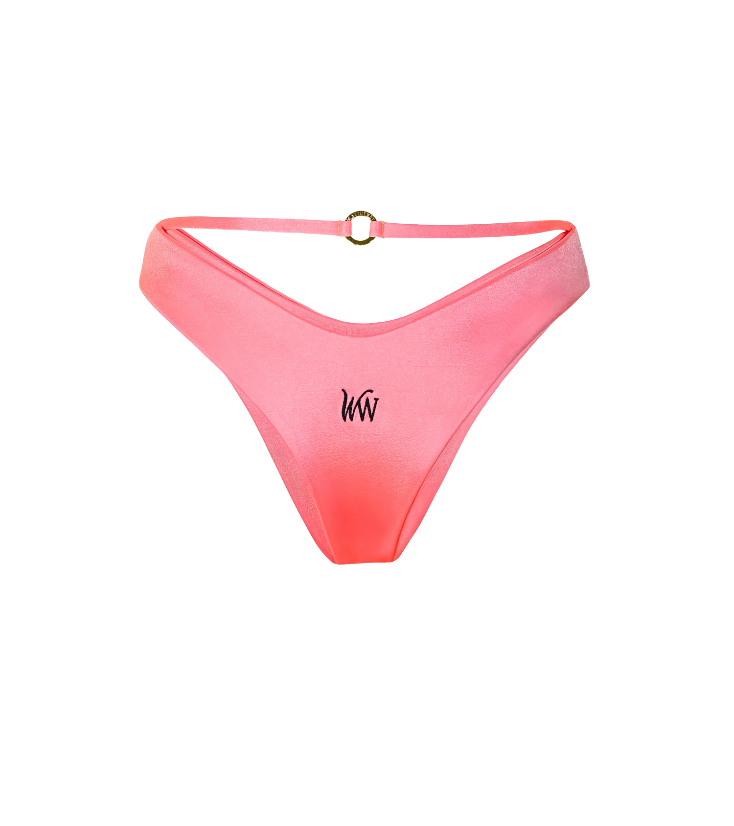The back of a bright pink-orange bikini bottoms with a string detail that has a branded ring on the back. The swimwear bottoms have a black WW logo on the back.