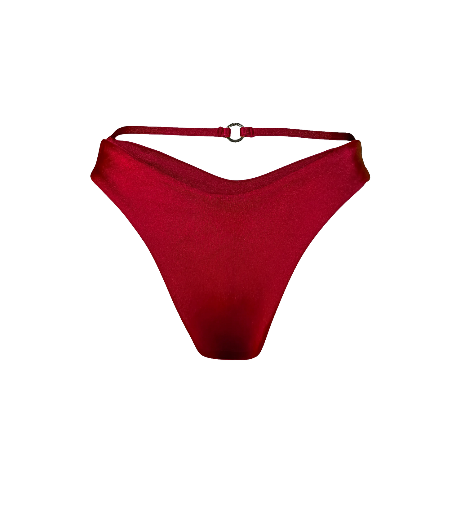 A bordeaux colored swimwear bottoms  with a string detail and a gold branded hardware ring on the back. The bikini bottoms are made from a shiny fabric.