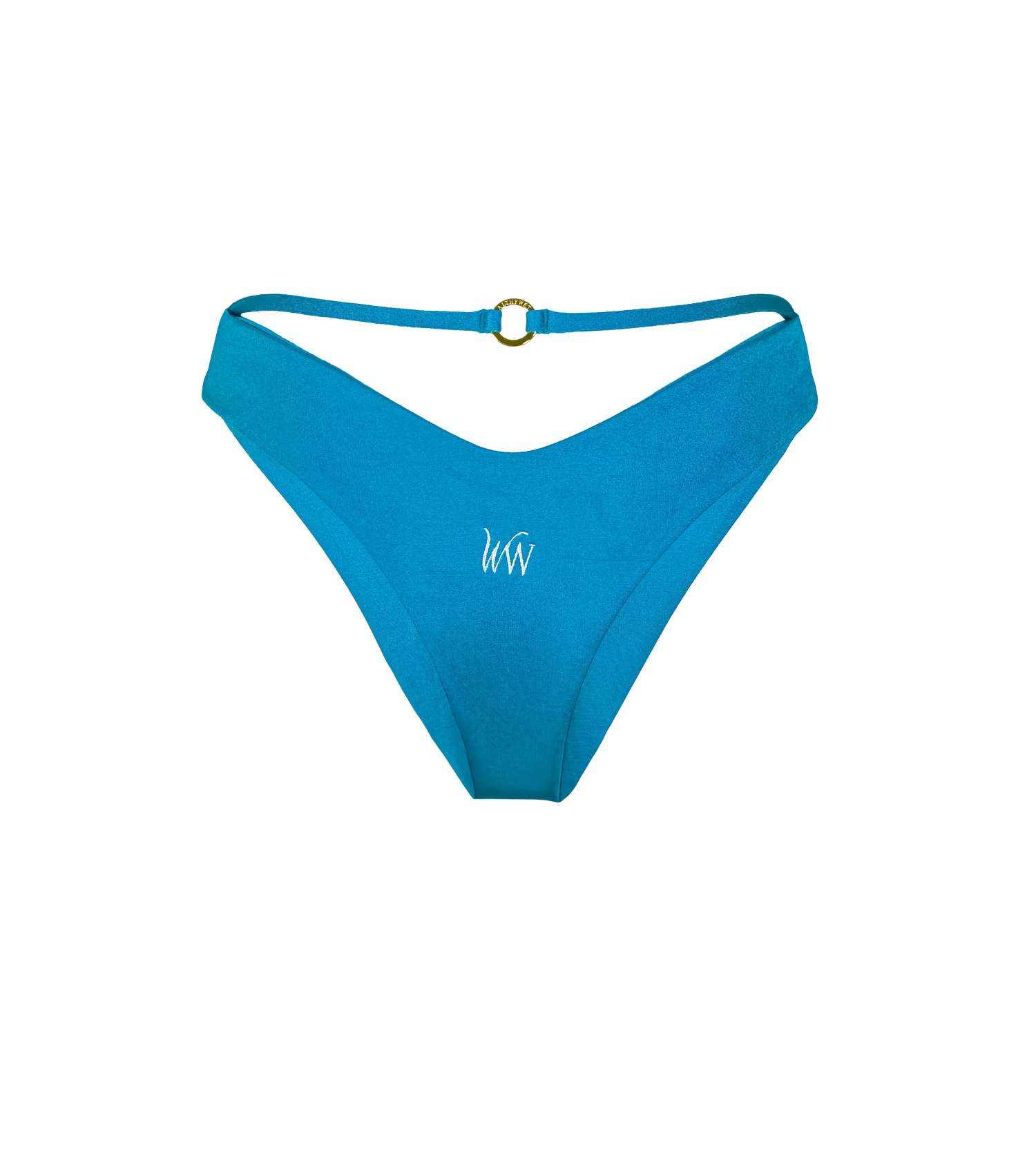 The back of a bright blue swimwear bottoms with a white WW logo in the middle and the string detail, that has a gold branded Wealthywet hardware on it.