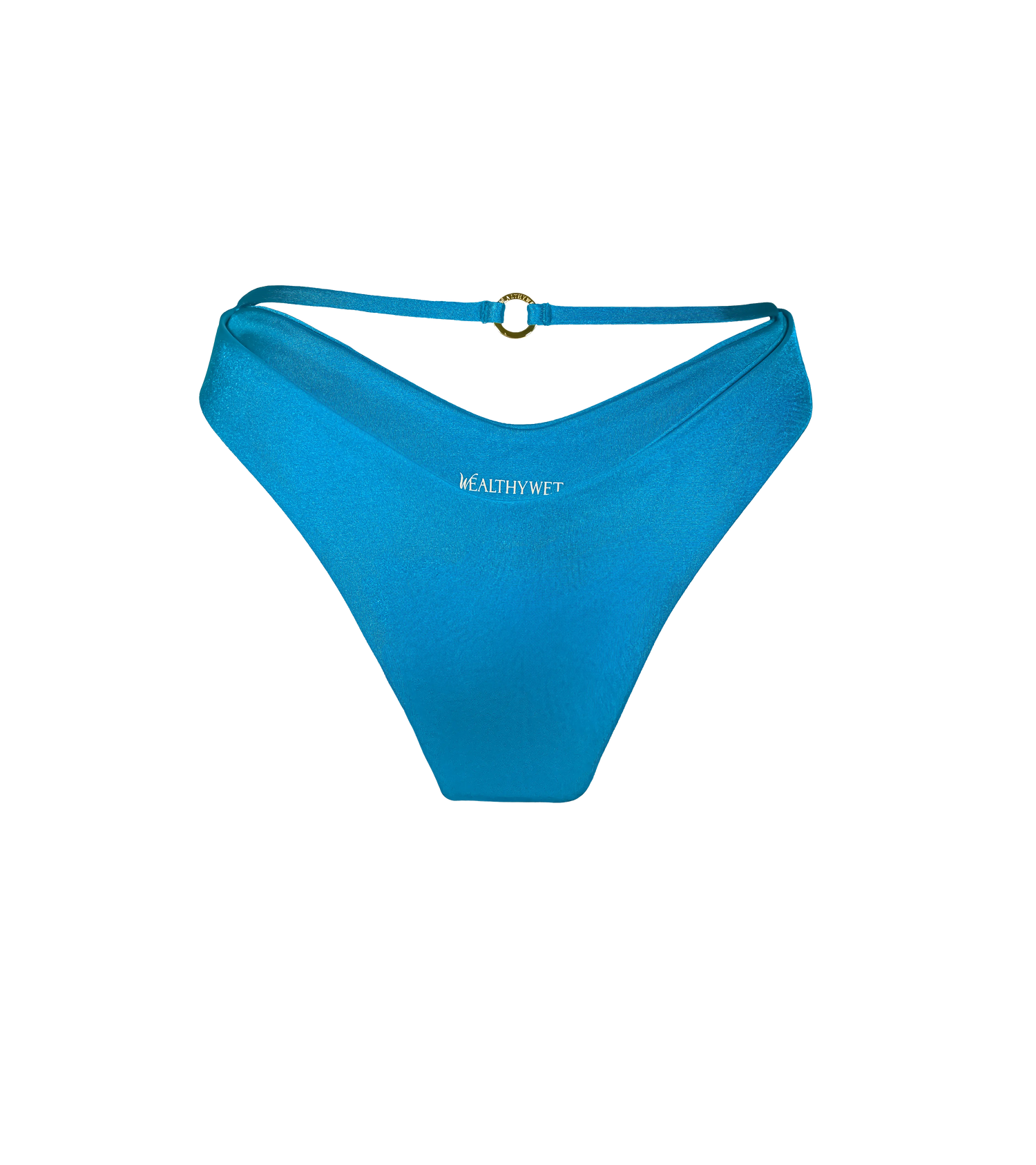 A bright blue swimwear bottom with a string detail in the back, that has a gold branded hardware ring attached to it.