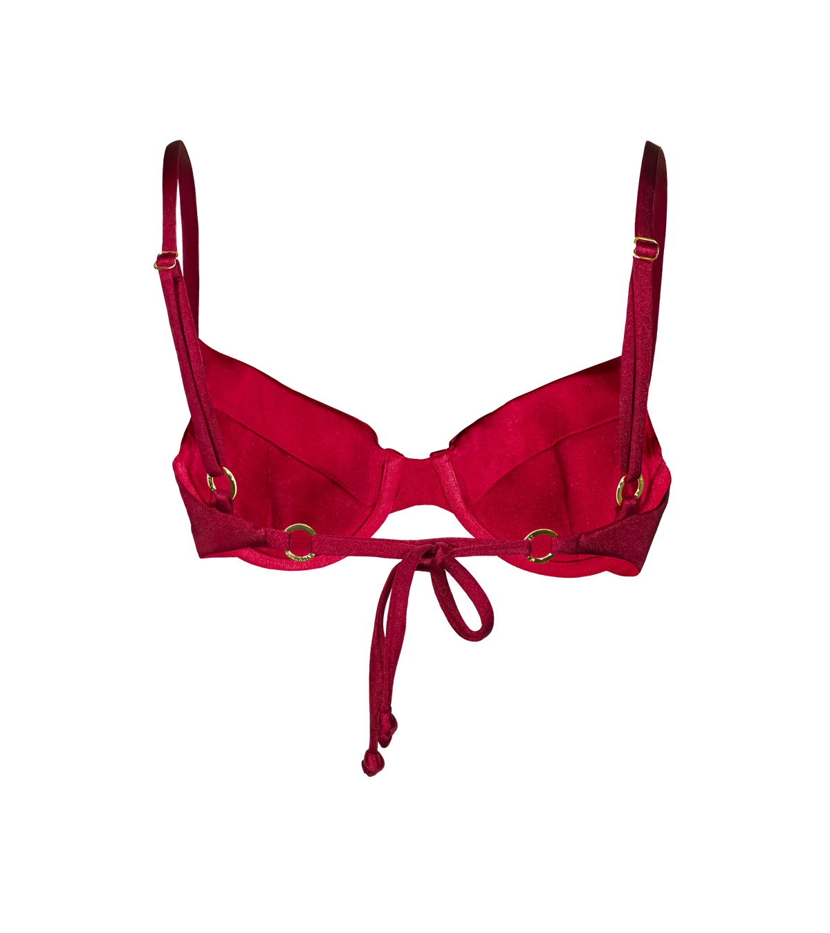 A back of a bordeaux swimwear top. The bikini top has a tie in the back for customizable fit and gold rings hardware. It is a underwire structured design bikini top.