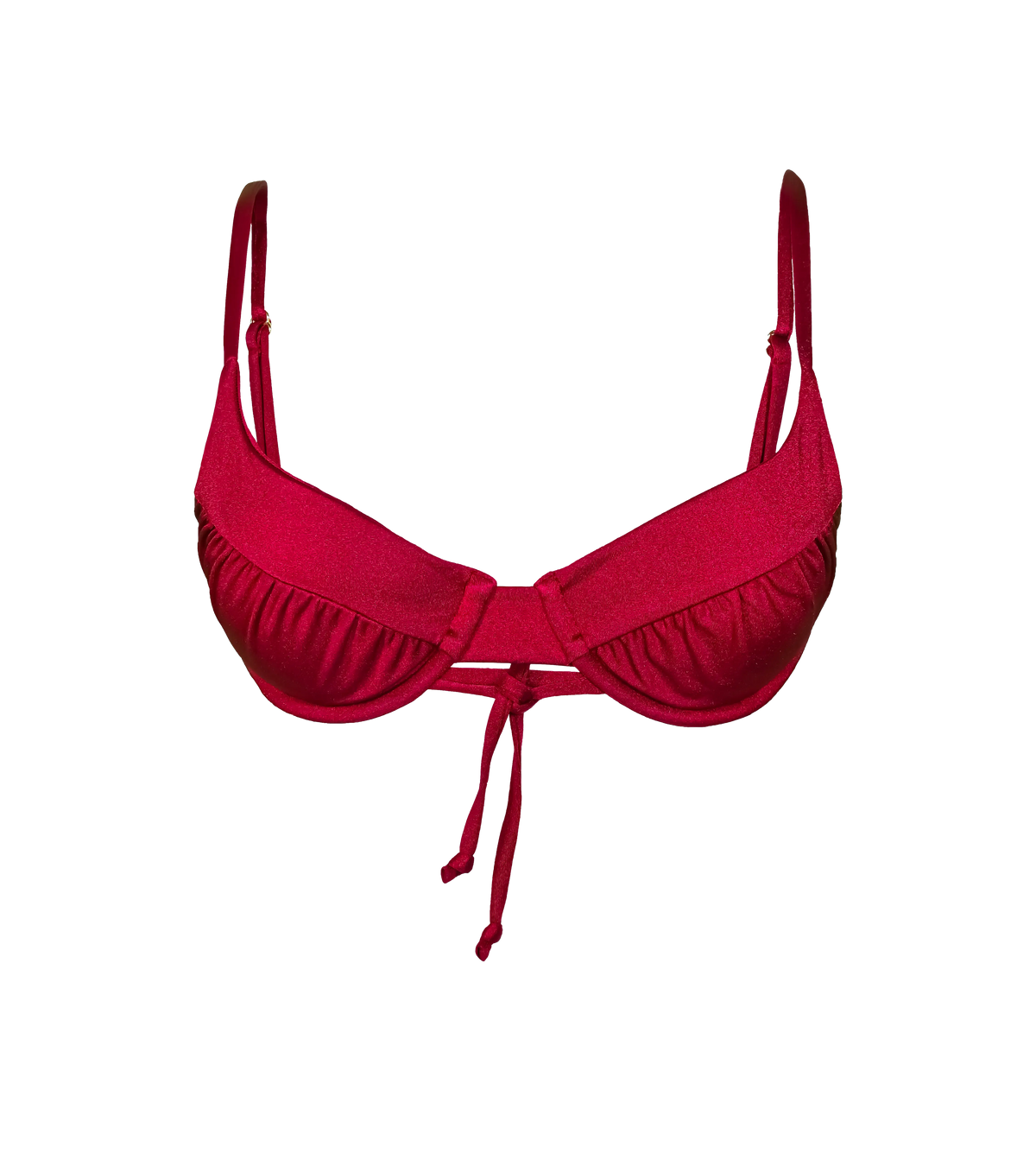 A bordeaux colored swimwear top with rushed details and a tie in the back. The bikini top is a structured design with underwire cups.