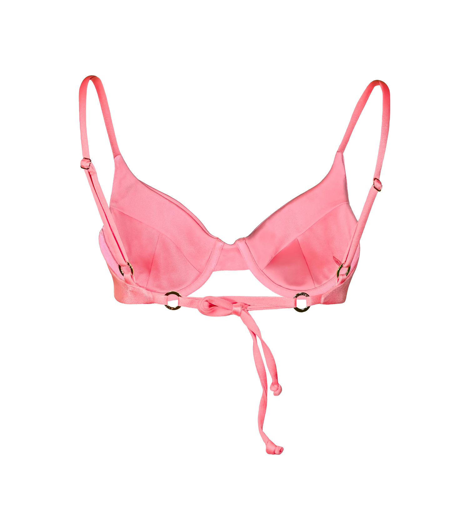 A back of the bright orange-pink swimwear top with adjustable straps, gold hardware rings and structured underwire design. The bikini top has a tie in the back for the customizable fit.