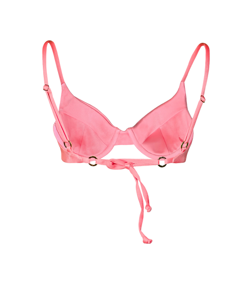 A back of the bright orange-pink swimwear top with adjustable straps, gold hardware rings and structured underwire design. The bikini top has a tie in the back for the customizable fit.