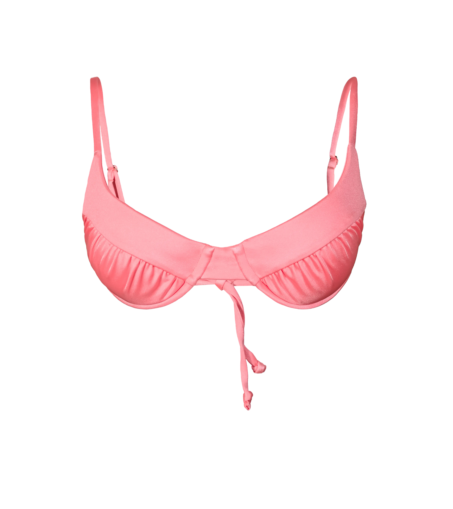 A bright orange-pink swimwear top with structured underwire design and ruched details. The bikini top has an elegant tie in the back for customizable it.