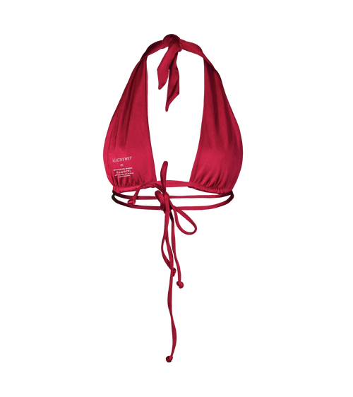 The back of a rich bordeaux halter bikini top with a deep neckline, adjustable tie at the neck and double string ties on the back. The swimwear top has the branded Wealthywet heat press on the inside.