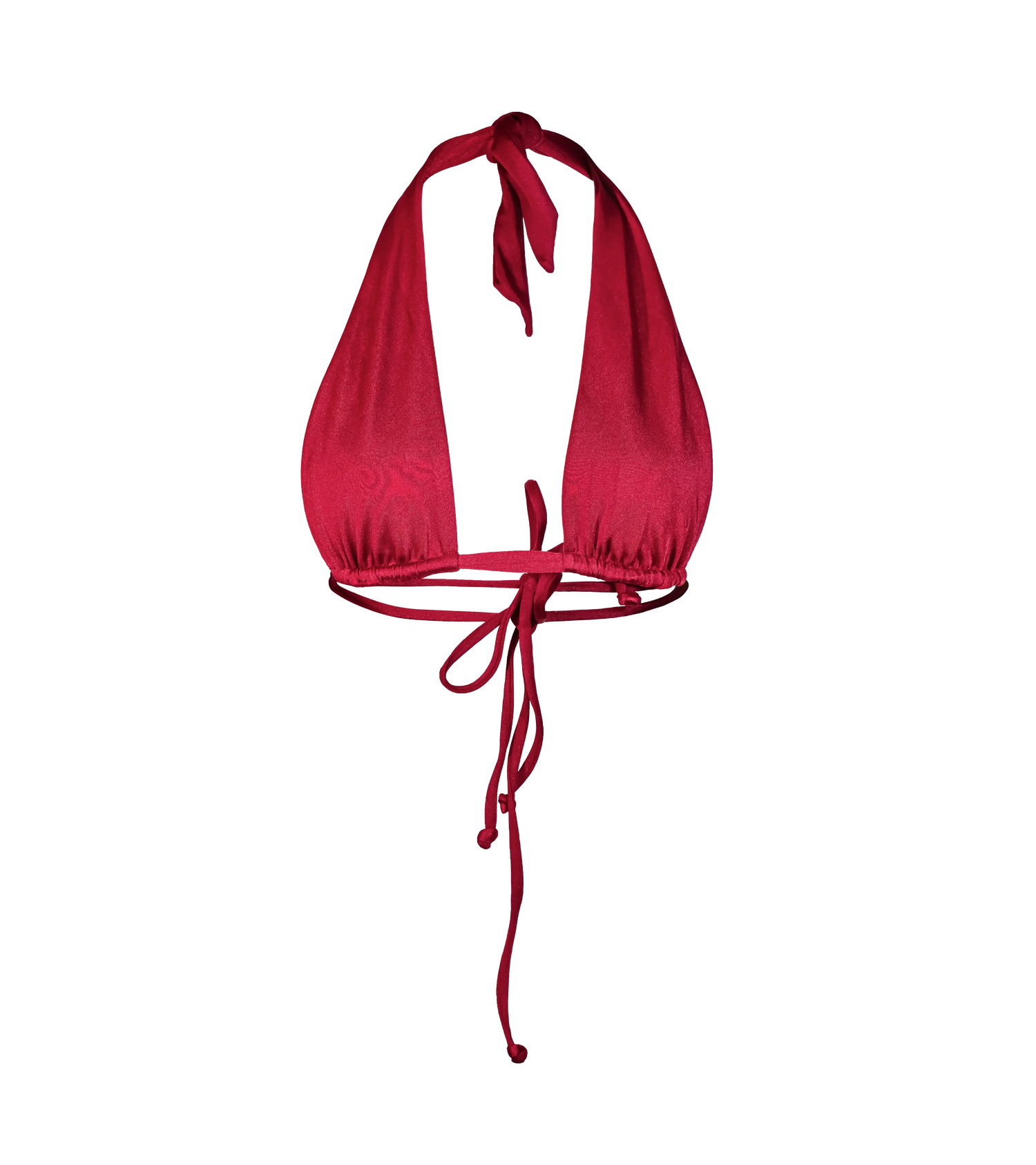 A rich bordeaux halter bikini top with a deep neckline, adjustable tie at the neck and double string ties on the back. The swimwear top made form shiny fabric.