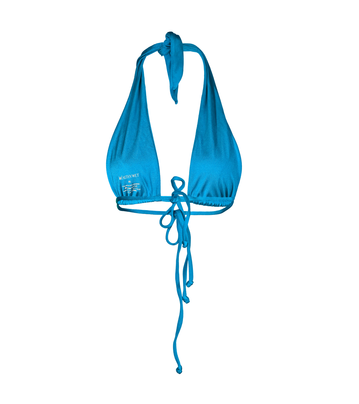 The back of a vibrant blue halter bikini top with a plunging neckline, adjustable ties at the neck and double ties in the back and a heat press branding on the inside.