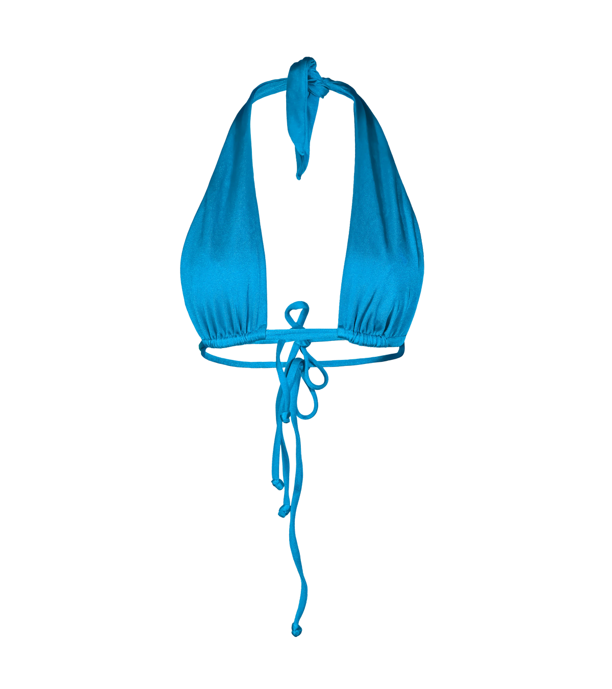 A vibrant blue halter bikini top with a plunging neckline, adjustable ties at the neck and double ties in the back.
