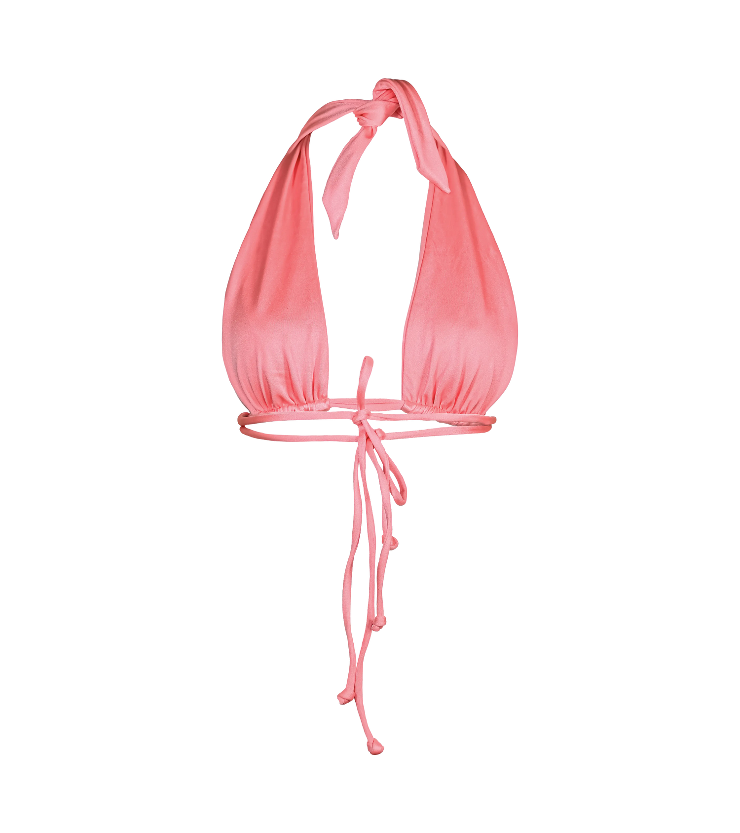 The back of a vibrant flamenco pink halter bikini top with a plunging neckline and adjustable ties at the neck and double ties in the  back. The swimwear top is made from a shiny fabric.