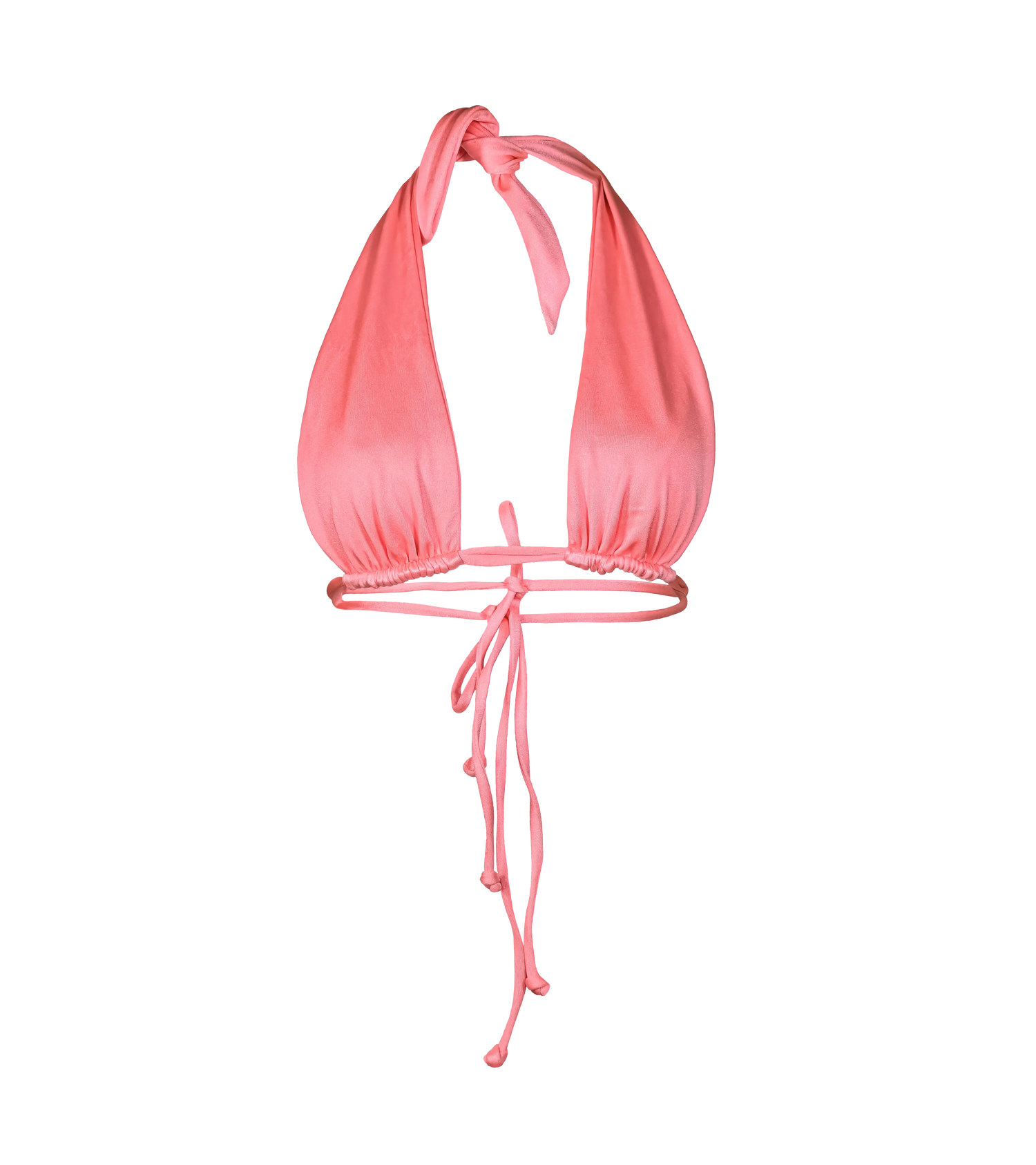 A vibrant flamenco pink halter bikini top with a plunging neckline and adjustable ties at the neck and double ties in the  back. The swimwear top is made from a shiny fabric.