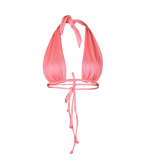 A vibrant flamenco pink halter bikini top with a plunging neckline and adjustable ties at the neck and double ties in the  back. The swimwear top is made from a shiny fabric.